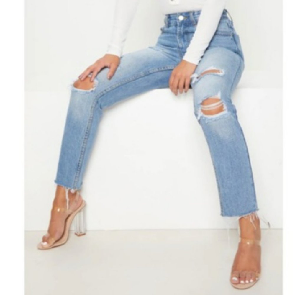 Petite Light Wash Distressed Mom Jeans